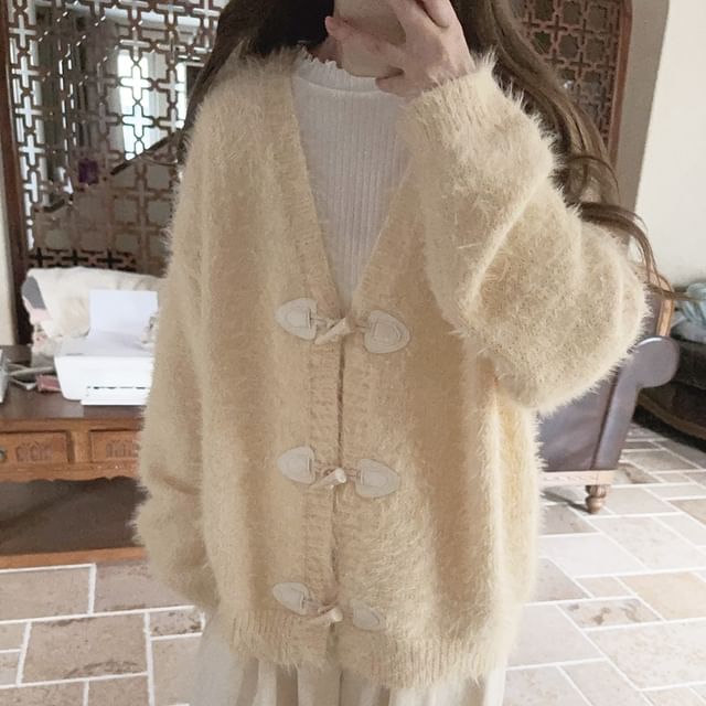 V-Neck Fluffy Toggle Button Cardigan