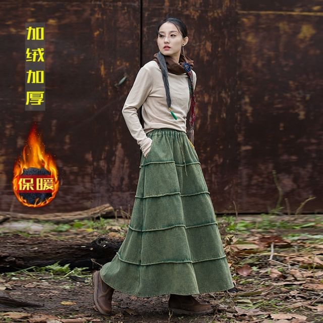 Plain Ramie Maxi Skirt with Drawstring Waist