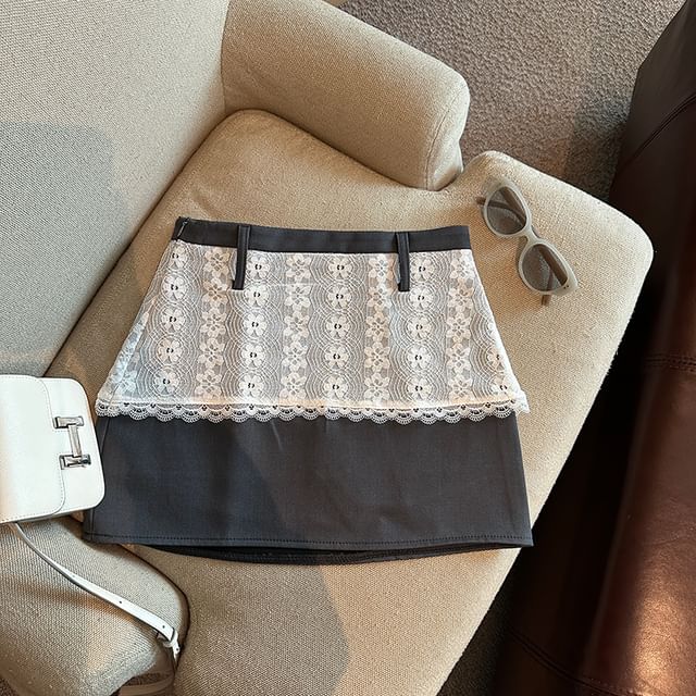 Lace Panel Mini Skirt with High-Rise Mock Two-Piece Design