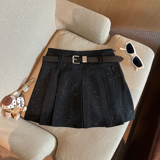 Glitter Pleated Mini Skirt with Waist Belt - A-Line Silhouette
