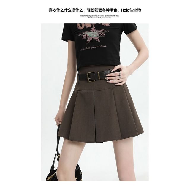 Pleated Mini Skirt with Belt - High Waist Set