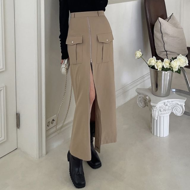 Solid Zip-Up Midi A-Line Skirt with High Waistband