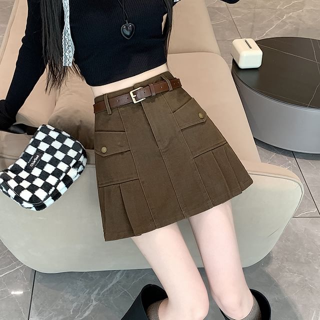 Denim Pleated Mini Skirt