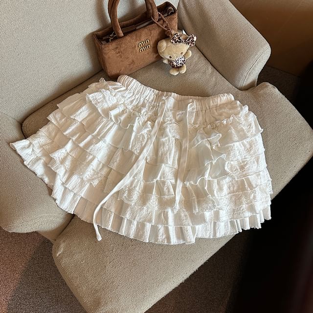 Tiered Mini Skirt with Drawstring Waist - Plain
