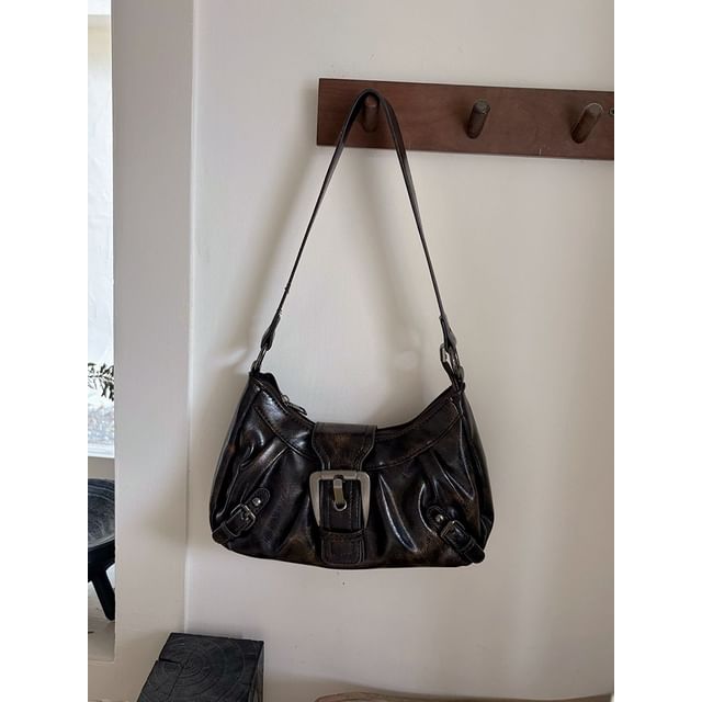 Plain Faux Leather Buckled Shoulder Bag