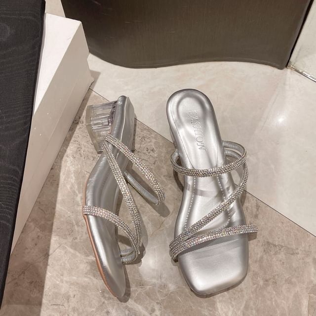 Rhinestone Block Heel Slide Sandals