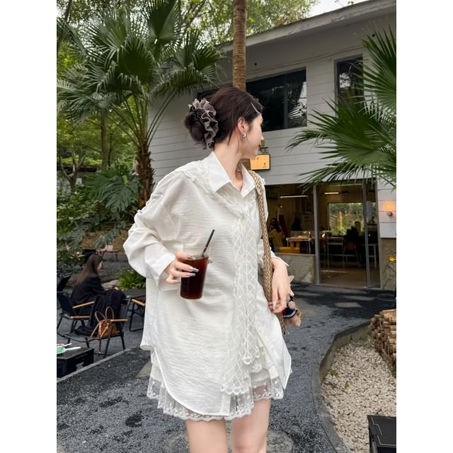 Sailor Collar Plaid Lace Scarf Long-Sleeved Shirt