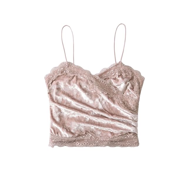 Ruched Velvet Lace Trim V-Neck Crop Camisole