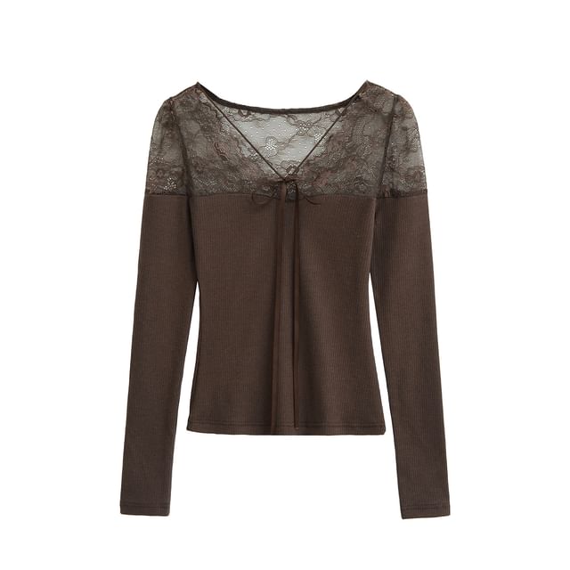 Ribbed Knit Lace Panel V-Neck Top