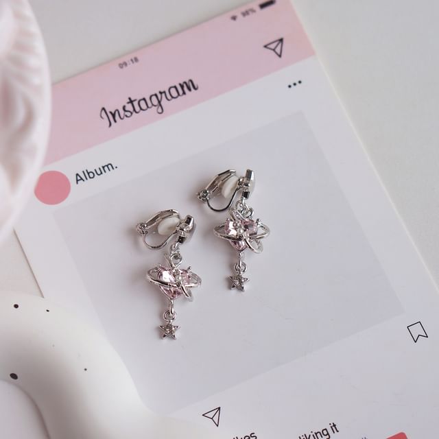 Star Drop Clip-On / Rhinestone Heart Earring