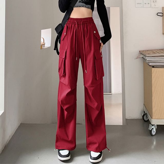 High Rise Plain Drawstring Baggy Cargo Pants