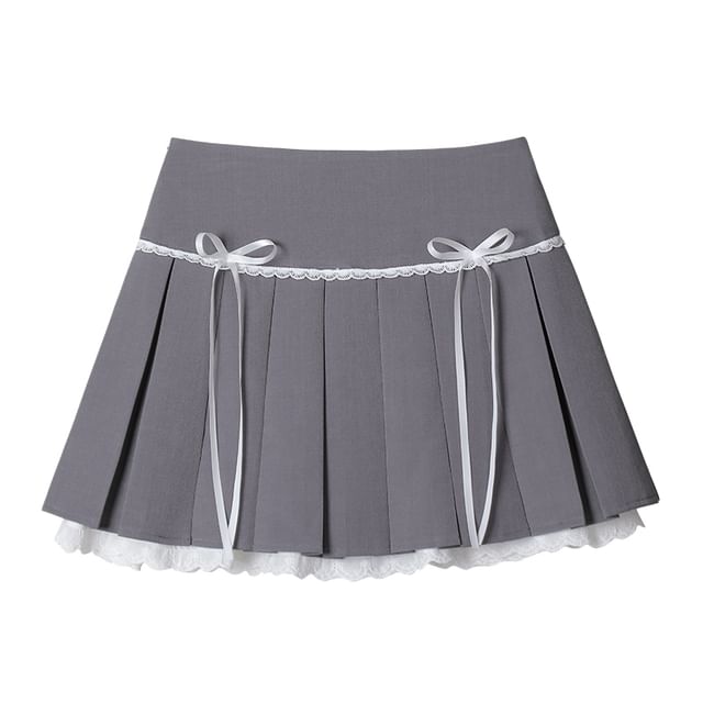 Pleated Eyelet Lace Trim High Waist Mini A-Line Skirt