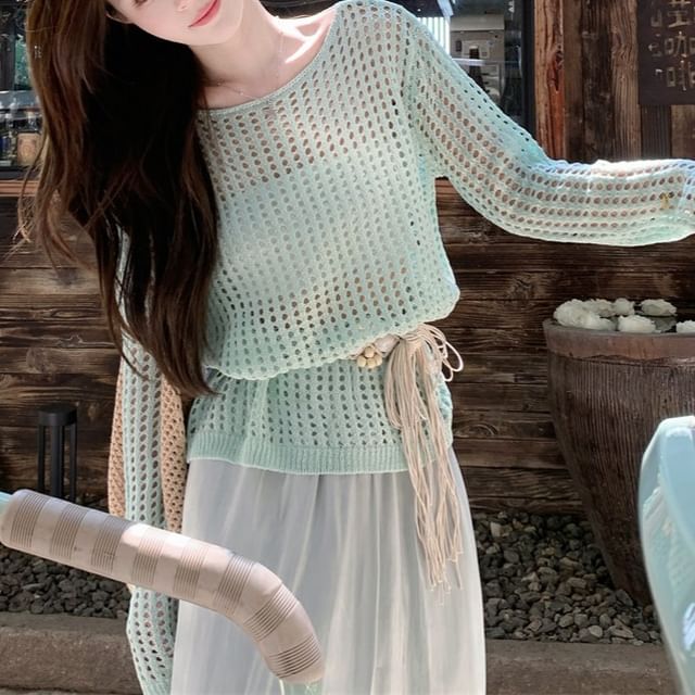 Pointelle Knit Long-Sleeve Top with Belt and Maxi Skirt Set