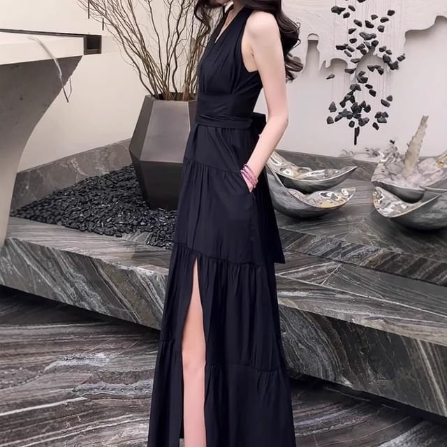 Tiered Slit V-Neck Sleeveless A-Line Maxi Dress