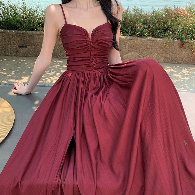 Ruched Slit Plain Spaghetti Strap A-Line Dress