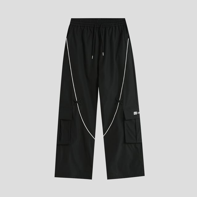Couple Matching Drawstring Waist Contrast Trim Wide Leg Cargo Pants