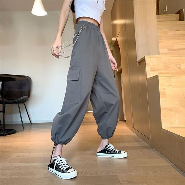 High Rise Plain Drawstring Cargo Baggy Pants / Pants Chain / Set