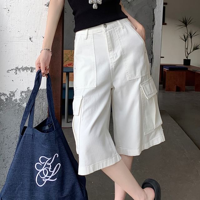 Mid Waist Washed Cargo Jorts