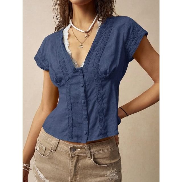 Slim-Fit Lace Cap Sleeve Blouse with Mock Two-Piece Panel