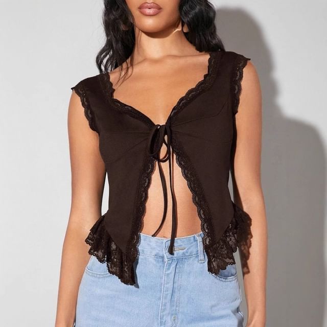 V-Neck Plain Lace-Trim Tie-Front Slim-Fit Tank Top