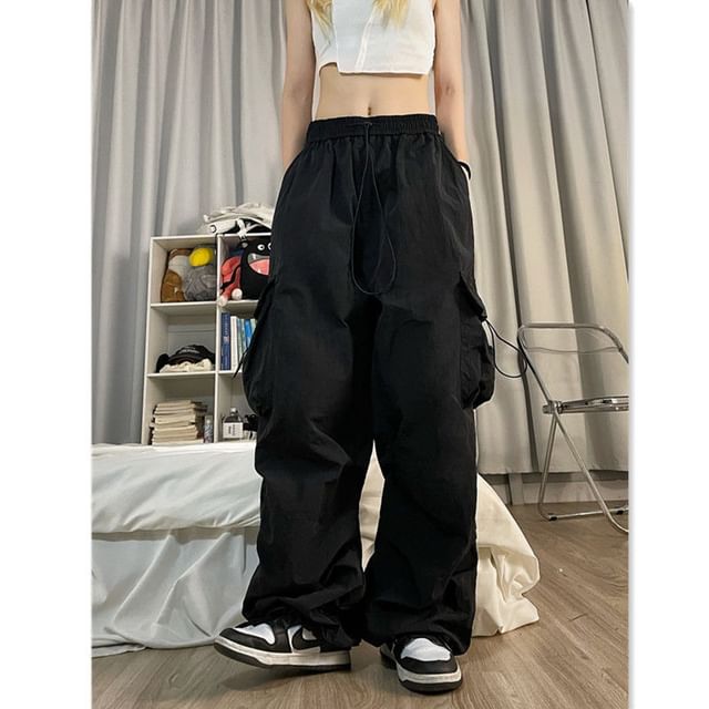 Drawstring Waist Plain Ruched Baggy Cargo Pants