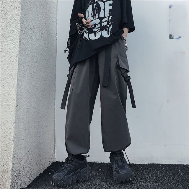 Drawstring Waist Plain Buckled Loose Fit Cargo Pants