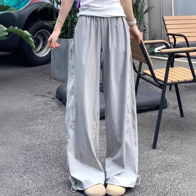 Elastic Waist Plain Drawstring Hem Wide Leg Cargo Pants