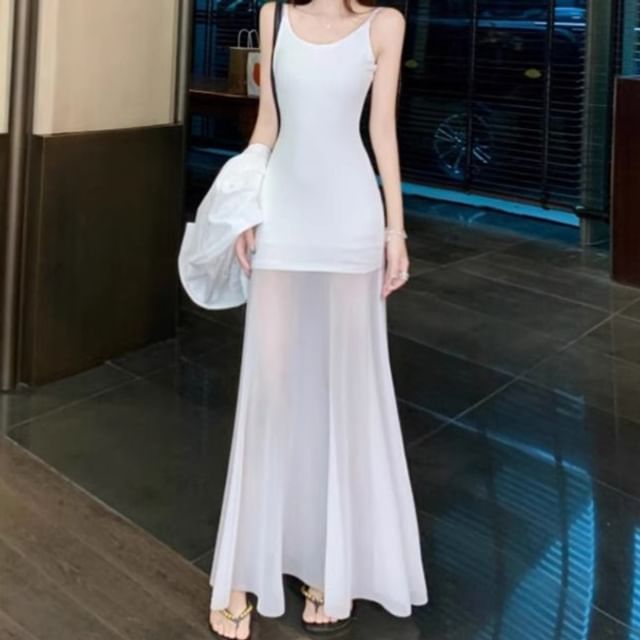 Spaghetti Strap Scoop Neck Plain Maxi Bodycon Dress