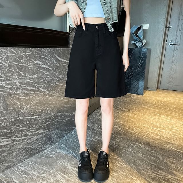 High Waist Plain Denim Bermuda Shorts