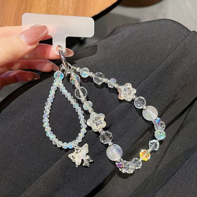 Lanyard Strap Wrist Butterfly with Faux Crystal Pad Beaded Phone