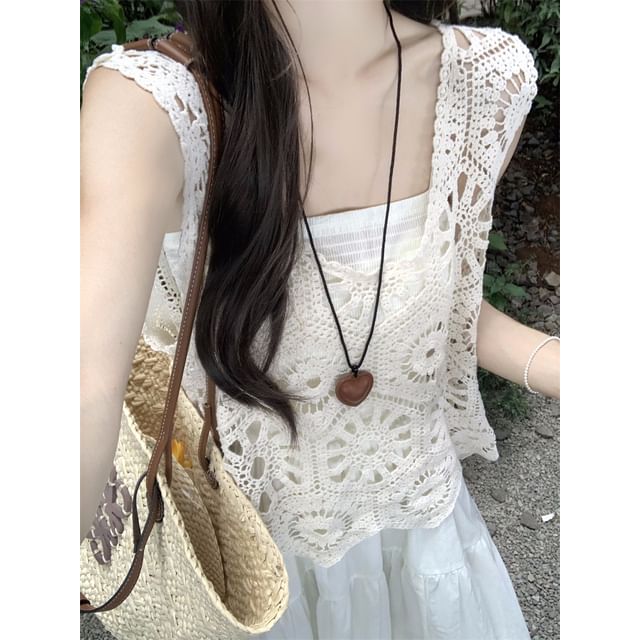 Spaghetti Strap Plain Midi A-Line Dress / Crochet Lace Tank Top / Set