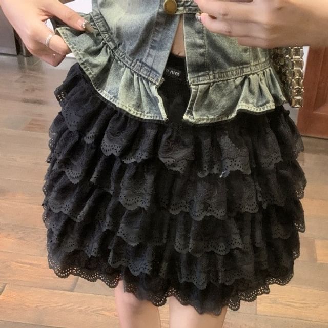 Cap Sleeve Denim Blouse with Tiered Lace Mini Skirt