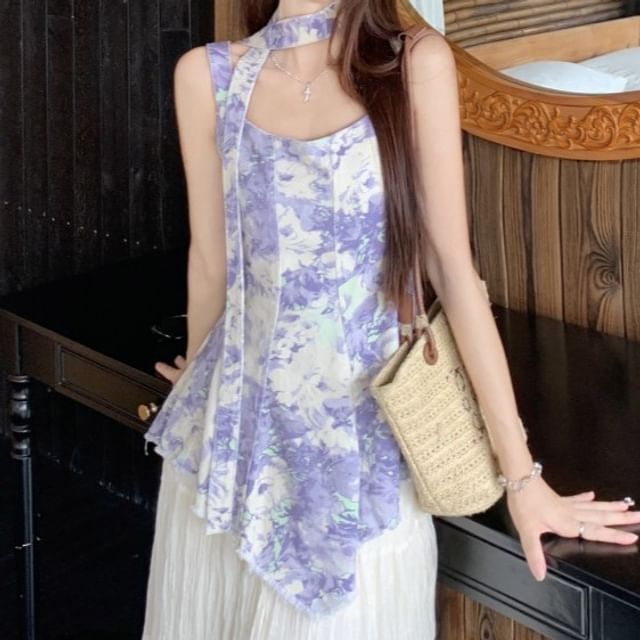 Tie Dye Denim Tank with Ruched Tiered Midi Skirt