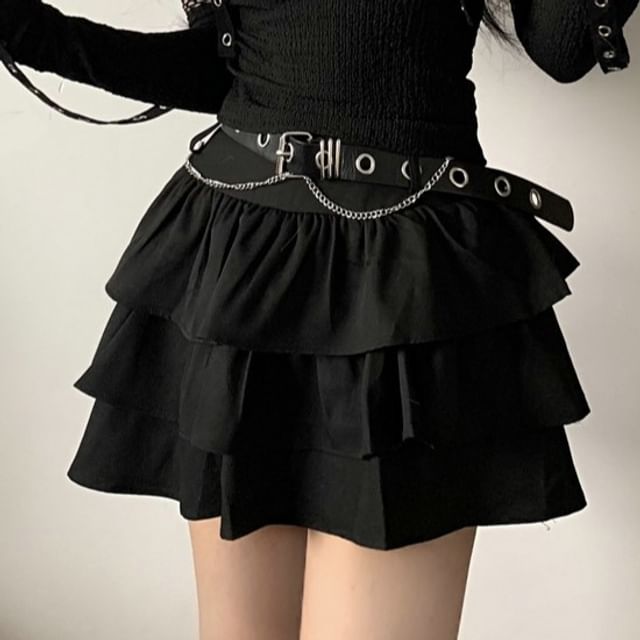 Cold Shoulder Mesh Smocked Top with Layered Mini Skirt and Belt Set