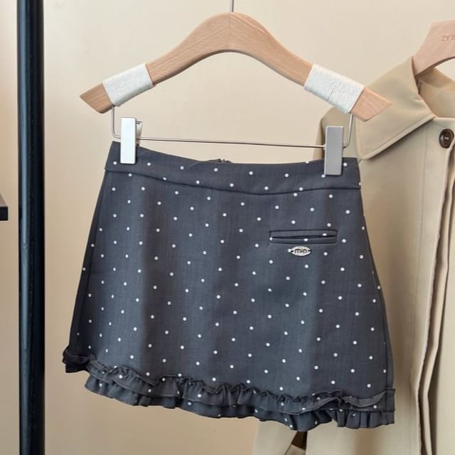 Dotted Ruffle Mini Flared Skirt with Mid Rise