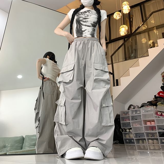 Drawstring Waist Glitter Baggy Cargo Pants