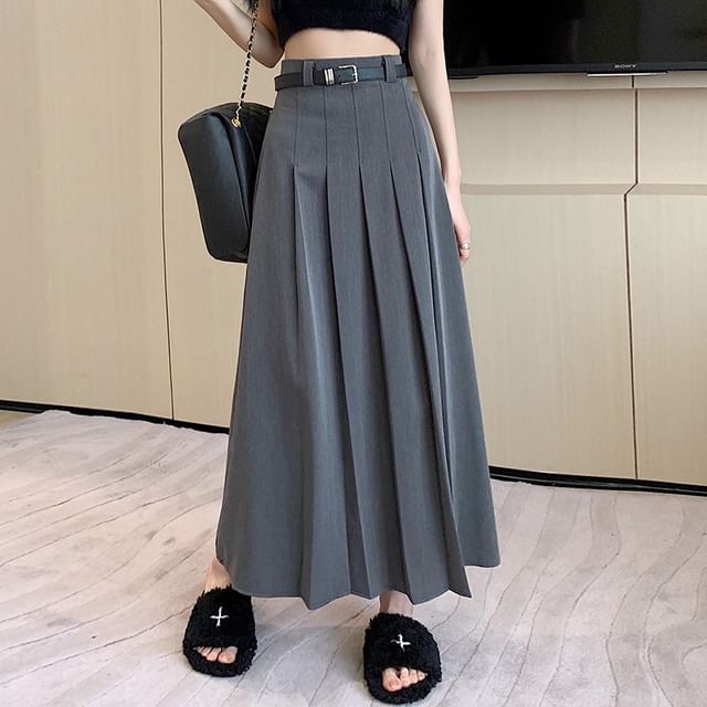 Pleated Midi Flared Skirt with High Rise and Plain Design