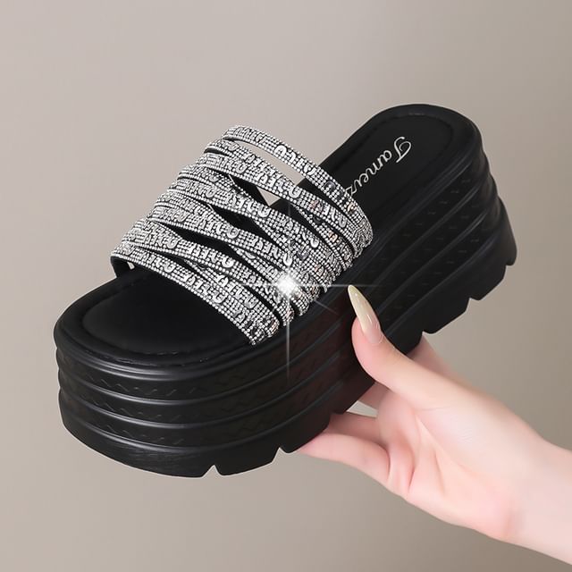 Platform Rhinestone Slide Sandals