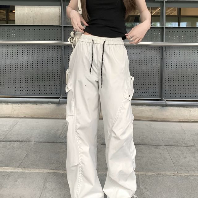 Drawstring Waist Plain Wide Leg Cargo Pants