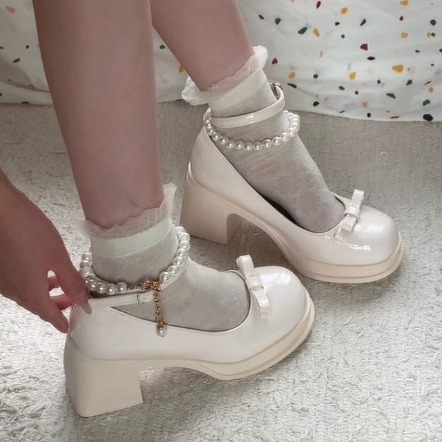 Block Heel Faux Leather Beaded Strap Pumps