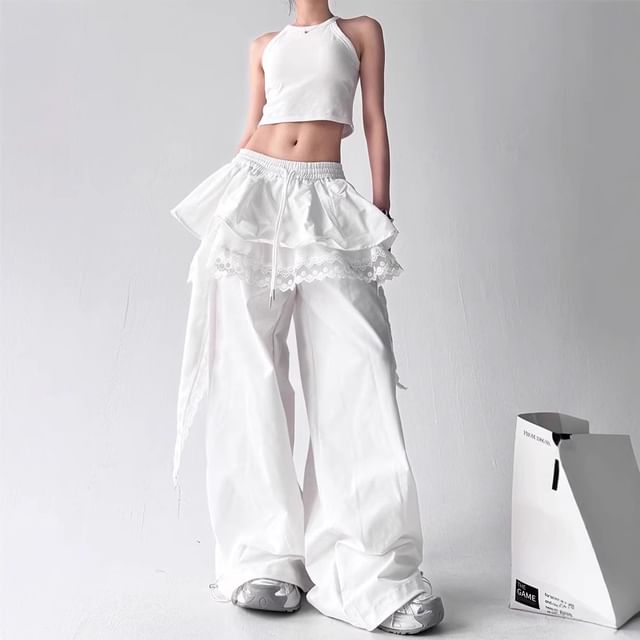 Drawstring Waist Lace Panel Layered Skirt Overlay Baggy Cargo Pants