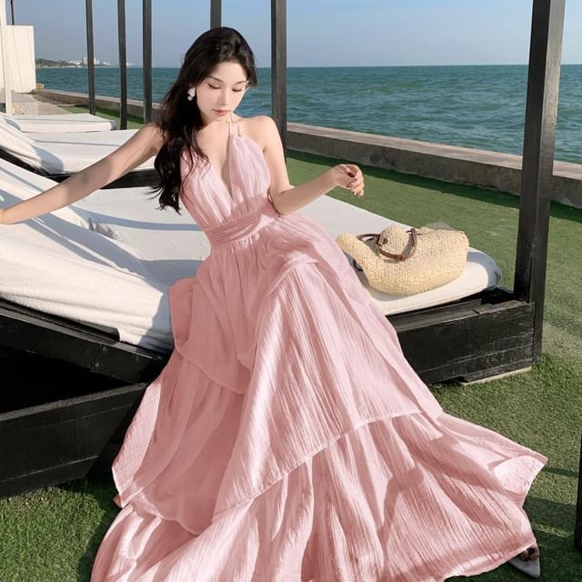 Smocked Tiered Open Back Maxi A-Line Dress with Halter Neckline