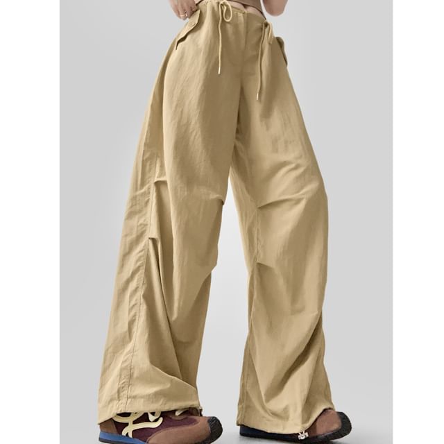 Drawstring Waist Plain Wide Leg Cargo Pants (Various Designs)
