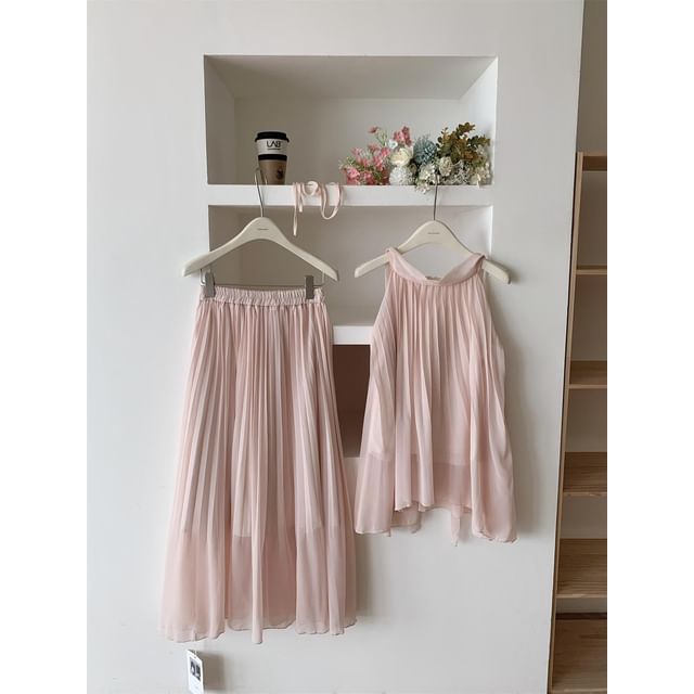 Halter Plain Asymmetric Blouse & High-Waisted Maxi A-Line Skirt Set