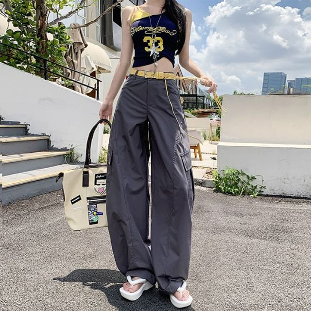 High Rise Plain Baggy Cargo Pants