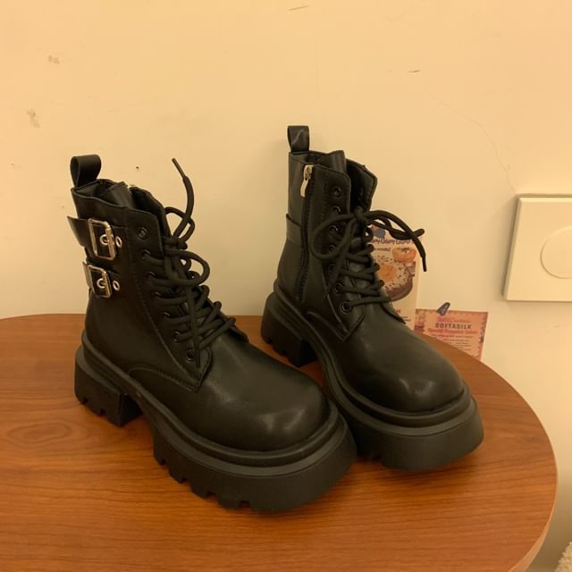 Platform Buckled Lace Up Short Boots