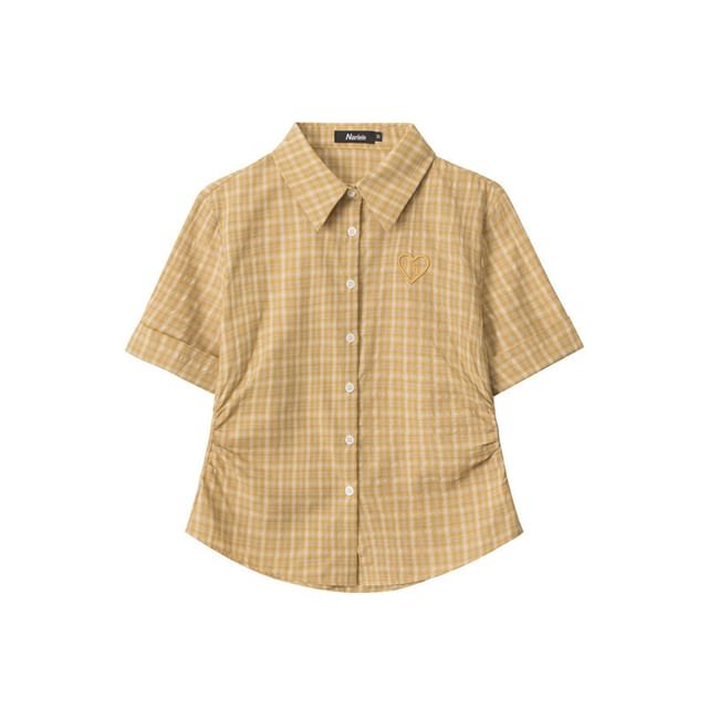 Plaid Collared Cropped Short-Sleeved Shirt