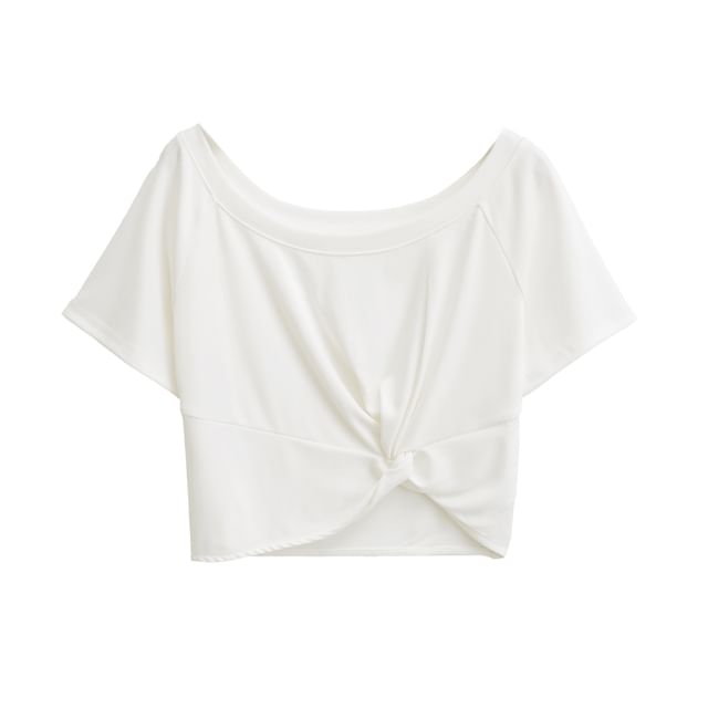 Plain Cold-Shoulder Short-Sleeved Knotted Cropped Tee