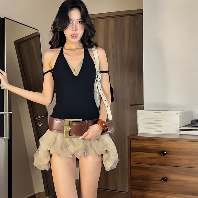 V-Neck Top & Sheer Mini Skirt