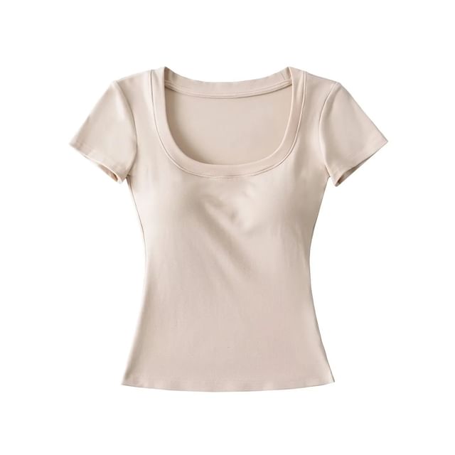 Plain Padded Scoop-Neck Short-Sleeved Cropped T-Shirt